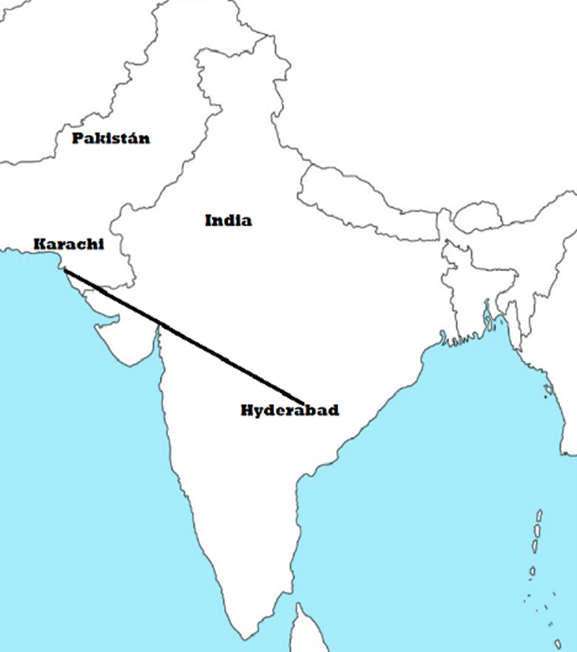 Mapa de India donde se ve la distancia entre Hyderabad y Karachi